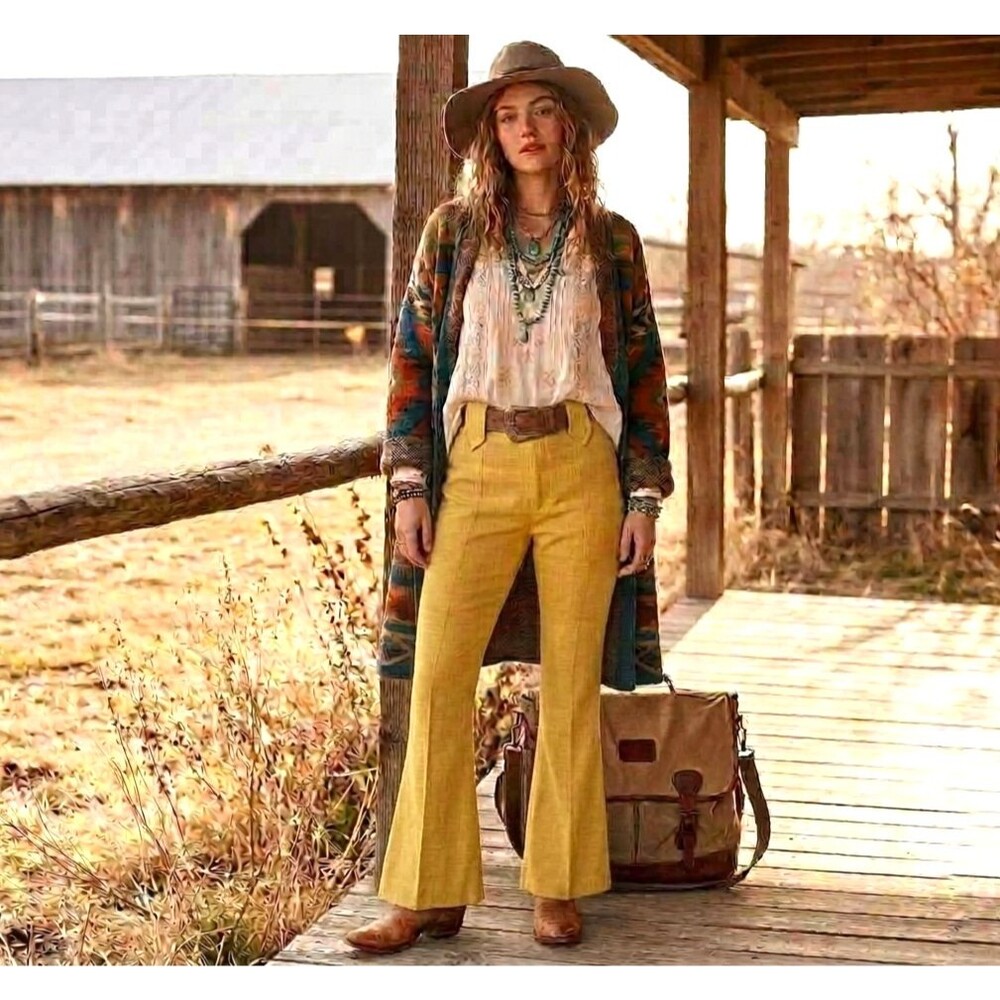 vtg 70s SUNSHINE YELLOW Lasso Western Ranch Women Flare Pants Cowgirl Rodeo